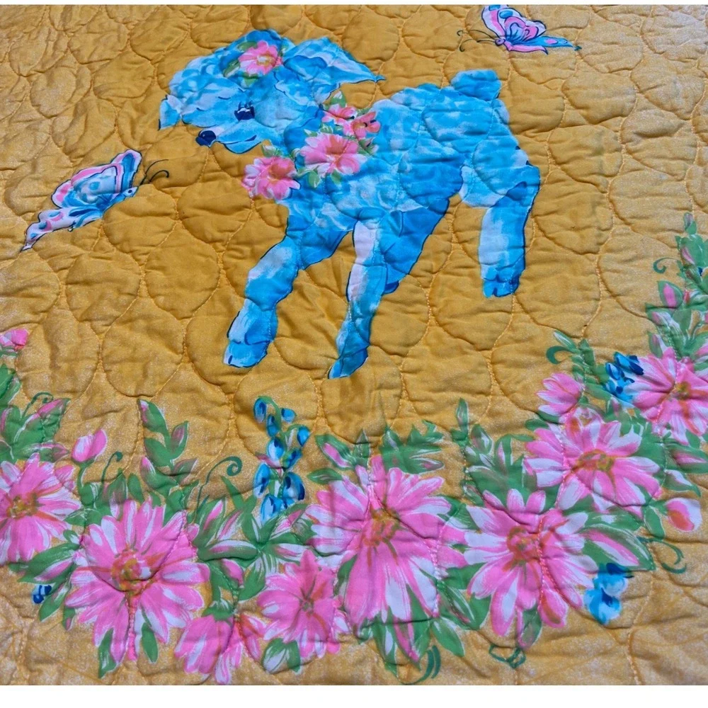 Vintage Kitsch Blue Lamb Baby Blanket Quilted Scalloped Yellow Floral Nursery